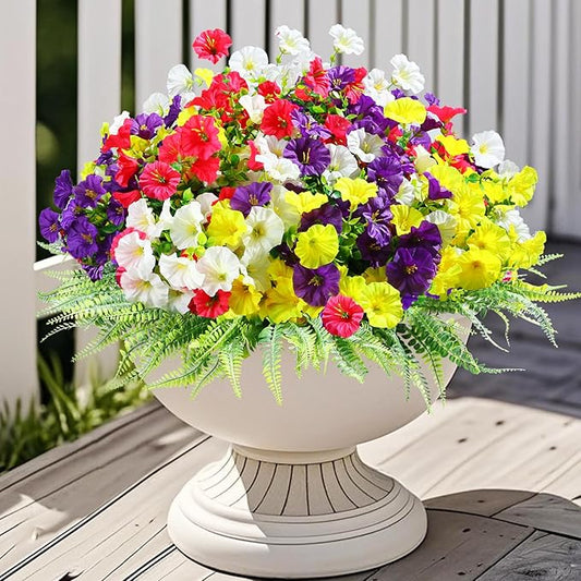 16 Bundles Outdoor Artificial Fake Flowers UV Resistant No Fade Plastic Faux Morning Glory Silk Flowers Plants for Home Garden Porch Patio Window Box Hanging Décor (Mix White Purple Fuchsia Yellow)