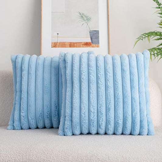 DEELAND Pack of 2,Double-Sided Faux Fur Plush Decorative Throw Pillow Covers Fuzzy Striped Soft Pillowcase Cushion Covers for Sofa Couch Bedroom Lightblue 16x16 inch