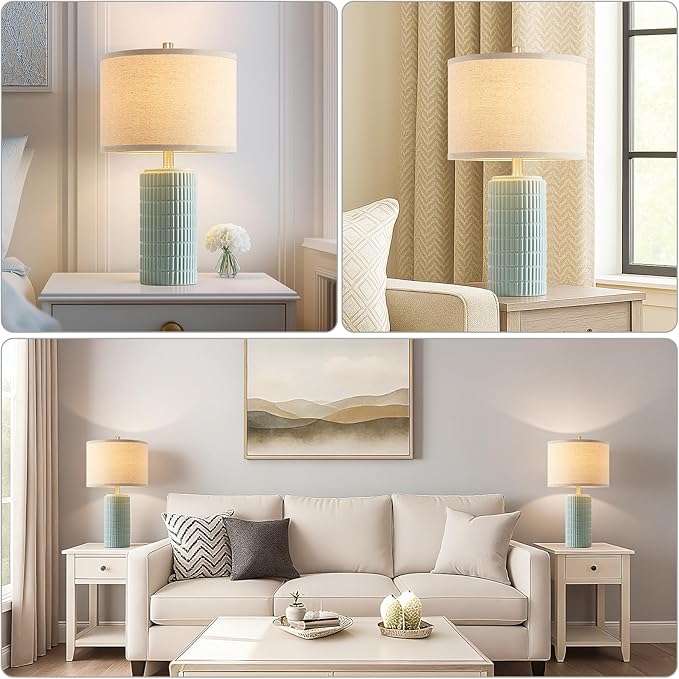 23" Set of 2 Ceramic Table Lamps for Living Room Bedroom, Modern Nightstand Desk Lamp for Entryway, Office, Study Room, 2 LED Bulbs Included