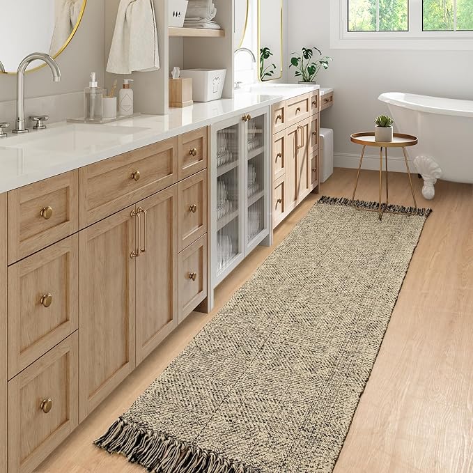 Collive Long Hallway Runners Rug 2.6x7, Farmhouse Washable Kitchen Runner Rug for Bedroom, Natural/Black Braided Woven Entryway Rug Low-Profile Front Door Floor Carpet for Laundry Bathroom Living Room