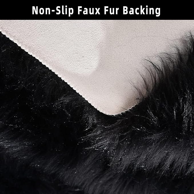 Black Faux Fur Sheepskin Area Rug for Living Room Bedroom, 4 x 6 Feet Ultra Soft Shaggy Fuzzy Furry Carpet Chair Throw Large Rugs for Kids, Girls, Nursery Room Decor Dorms