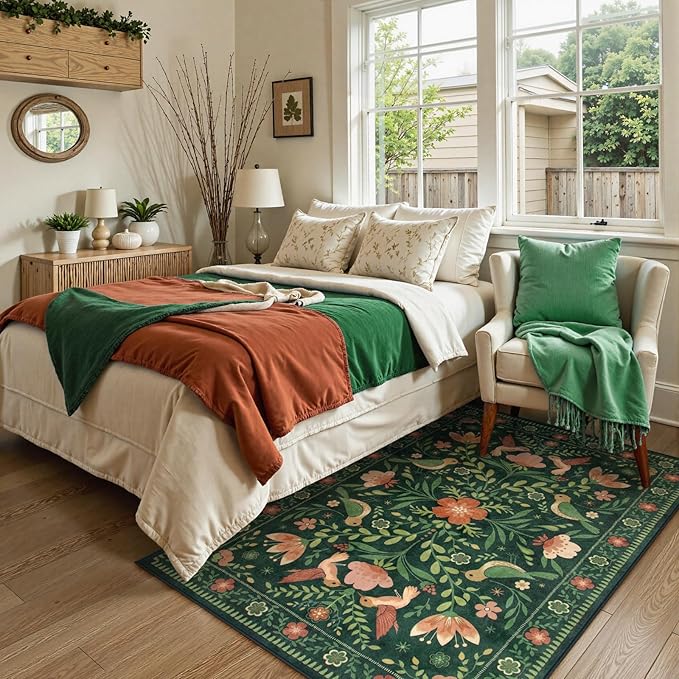 Moynesa 3x5 Kitchen Rug, Modern Cottage Washable Non-Slip Low Pile Area Rug for Bedroom Entryway Entrance Aesthetic,Lightweight Foldable Farmhouse Floral Bird Print Pattern Carpet Retro Home Decor