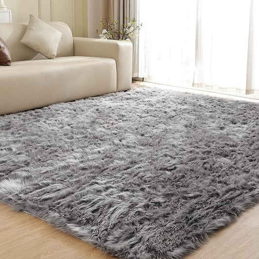 Large Area Rugs 9x12 Living Room Grey Fluffy Rug Faux Sheepskin Washable Fuzzy Fur Rugs for Bedroom Rectangle Nursery Rug