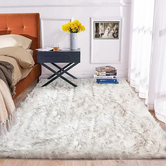 5x7 Area Rug White and Gray Washable Shaggy Faux Sheepskin Fur Rug for Living Room Large Nursery Rug Teen Room Home Décor