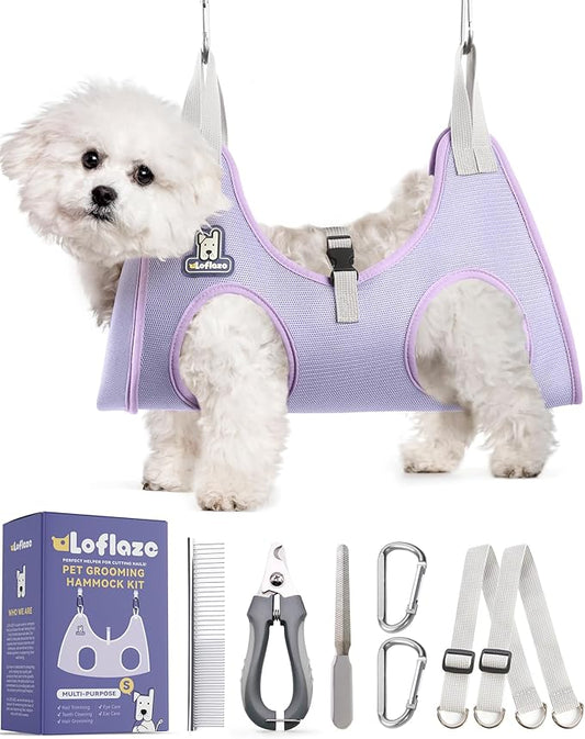 Loflaze Dog Grooming Hammock Harness for Dogs & Cats with Pet Nail Clipper Trimmer - Cat Hanger Sling for Trimming Clipping Nails- Dog Hammock Restraint Bag for Small Medium Large pet （ Purple S）