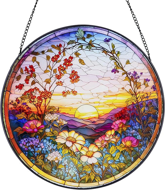 Stained Glass Window Hanging Sunset Suncatcher, Renyalora 10 Inch Round Real Glass Panel with Mountain Landscape and Wildflower Sun Catcher for Indoor Windows, Home, Garden, or Outdoor Wall Decor