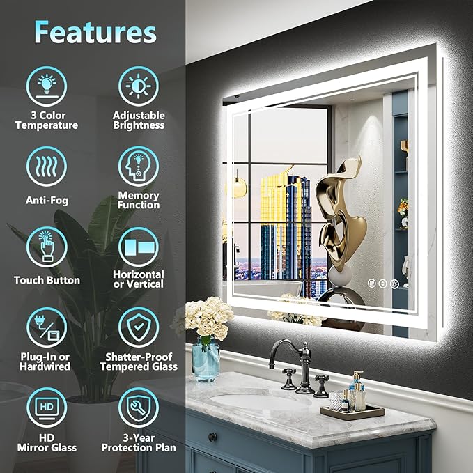 38x38 LED Bathroom Mirror with Lights, Backlit & Front Lit, Anti-Fog Lighted Vanity Mirror for Bathroom Wall, 3 Colors, Dimmable, Memory, HD Tempered Glass, Shatter-Proof, CRI>90, ETL Listed