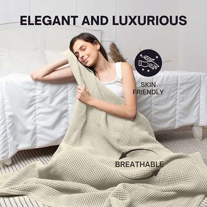 Organic Cotton Waffle Blanket Queen Size (90" x 90") Lightweight, Breathable and Soft, Luxurious Best Waffle Blanket for All-Season - Summer, Spring, Winter (Beige)