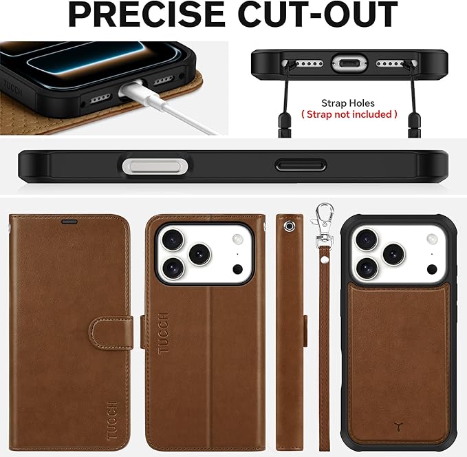 TUCCH Detachable Case Wallet for iPhone 17 Pro (6.3") 2025, Wrist Strap, 4 Card Holders RFID Blocking, Wireless Charging, Stand, 2-in-1 Magnetic, PU Leather, Shockproof Folio Cover, Brown