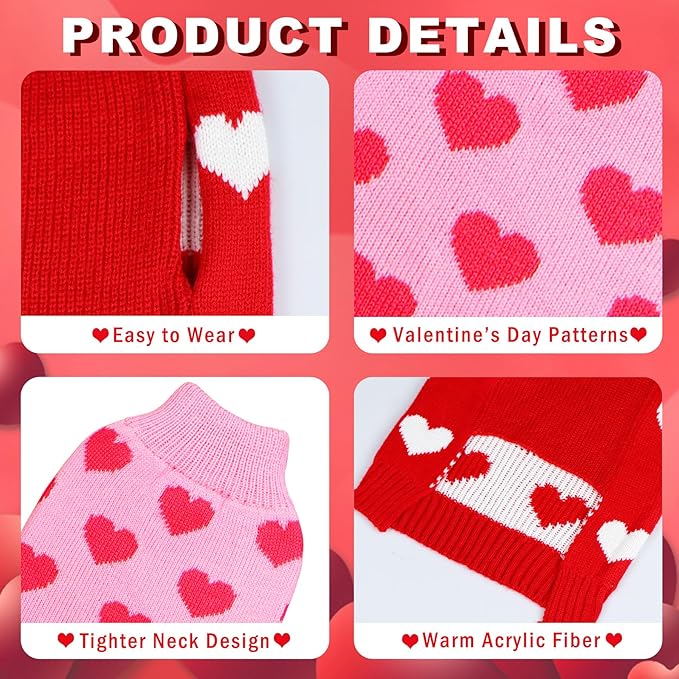GOYOSWA 2 Pack Valentine Dog Sweater Dog Valentines Clothes Outfit Knitted Heart Sweater for Small Medium Large Dogs Pets (Red & Pink, Large)