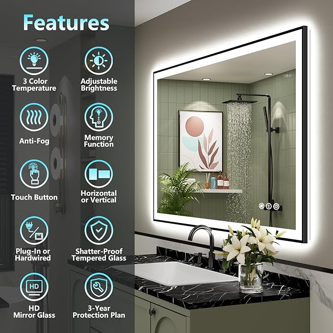 44x36 Inch Black Framed LED Bathroom Mirror with Lights, Backlit & Front Lit, Anti-Fog Lighted Vanity Mirrors for Bathroom Wall, Dimmable, 3-Color Light, Memory, Shatter-Proof, Tempered Glass