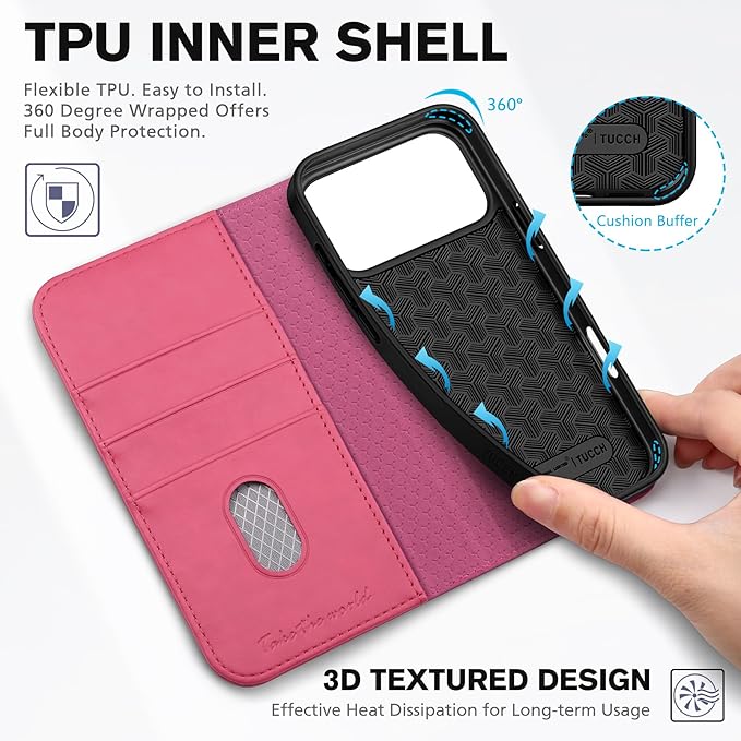 TUCCH Case Wallet for iPhone 17 Pro Max (6.9-Inch) 2025, [3 Card Slots] Kickstand [RFID Blocking] PU Leather Case, Flip Folio Cover with [TPU Shockproof Interior Shell], Hot Pink