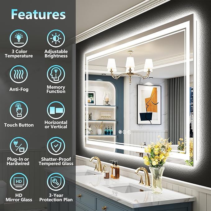 50x40 LED Bathroom Mirror with Lights, Backlit and Front Lit, Anti-Fog Lighted Vanity Mirrors for Bathroom Wall, Dimmable, 3-Color Light, Memory, Shatter-Proof, HD Tempered Glass, CRI＞90