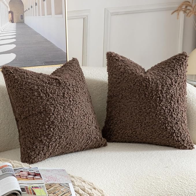 Yaertun Pack of 2 Faux Fur Throw Pillow Covers Decorative Sherpa Boucle Pillow Covers Fuzzy Soft Pillowcases Sheepskin Fleece Cushion Case for Couch Sofa Bed Living Room 24x24 Inch Chocolate