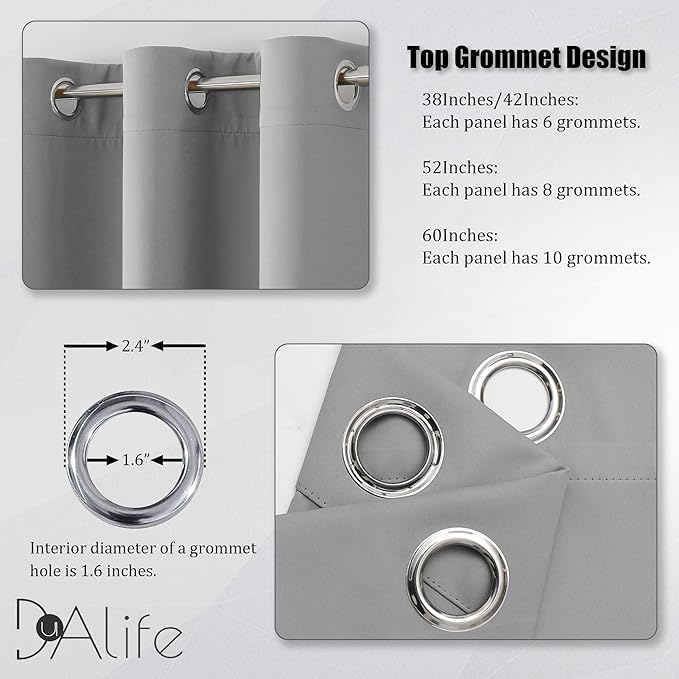 DUALIFE Blackout Curtains for Bedroom -Light Grey 63 Inch Length Grommet Thermal Insulated Window Treatment Room Darkening Window Drapes for Boys Kids Room 2 Panels Set, W42 x L63