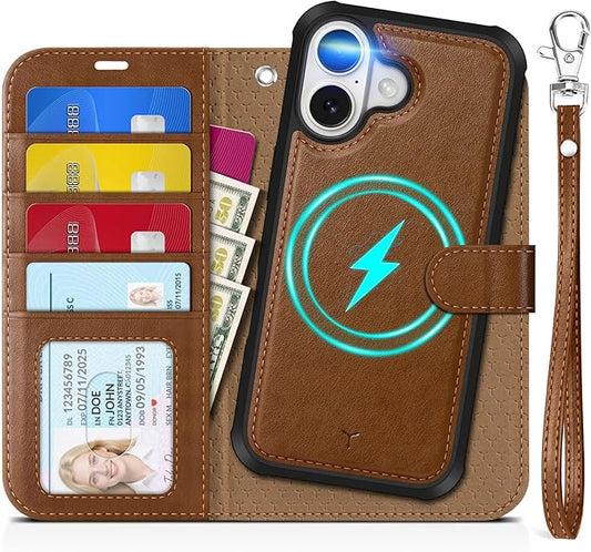 TUCCH Detachable Case Wallet for iPhone 17 (6.3") 2025, Wrist Strap, 4 Card Holders RFID Blocking, Wireless Charging, Stand, 2-in-1 Magnetic, PU Leather, Shockproof Folio Cover, Brown
