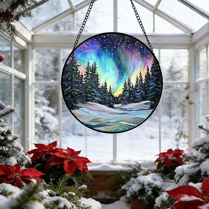 DASTOLL Stained Glass Window Hanging, Aurora Landscape Sun Catchers Glass Panel Green Trees Suncatcher Decor for Birthday for Women, Men, Wife, Aunt, and Mom 9.8 in