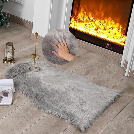 Faux Fur Rug Sheepskin Shag Fluffy Fuzzy Grey 2x3 ft Small Rugs for Bedroom Bedside Bed Floor Living Room Plush High-Density Cushion Carpet Super Sofa Cover