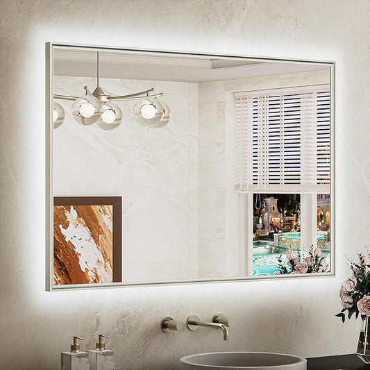 TETOTE 40 x 28 Backlit Mirror Brushed Nickel Metal Frame LED Light Vanity 3-Color White/Warm/Natural Stepless Dimmable Anti-Fog Backlight Mirror Wall-Mounted