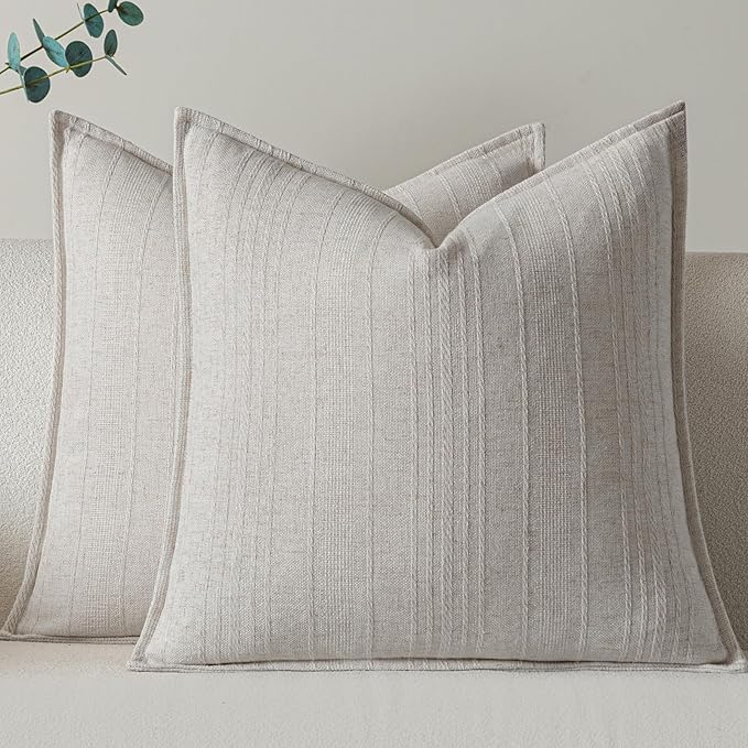 a moment Linen Pillow Covers Set of 2,Boho Farmhouse Throw Pillowcases Neutral Textured Decorative Covers for Couch Sofa Bed,Soft Linen Blend Accent Case Cushion Living Room Home Decor 18"x18"Ivory
