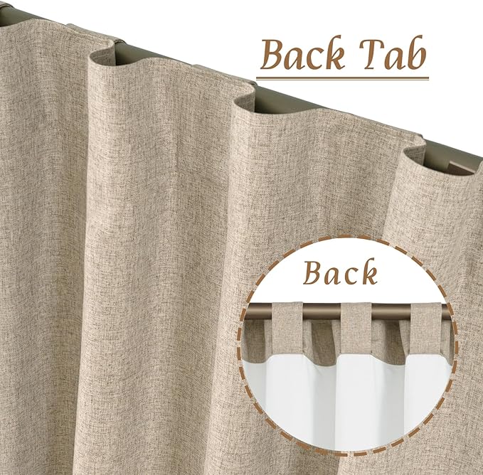 LAMIT Linen Full Blackout Window Curtains for Bedroom, 54 Inches Thermal Farmhouse Curtains Back Tab and Rod Pocket Privacy Protected Burlap Panels with White Liner, 2 Panels, 52 x 54 Inch, Taupe