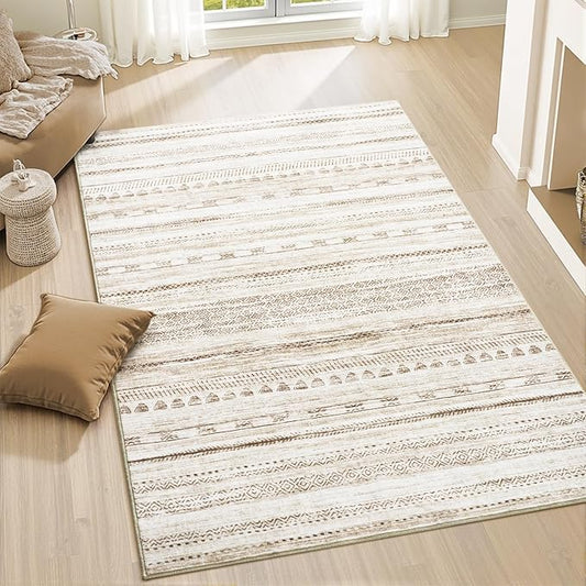 3x5 Area Rug Machine Washable Non Slip Rug Distressed Neutral Moroccan Boho Rug Ultra Soft Indoor Rugs for Bedroom Living Room Entryway Kitchen Foyer Bedside, Light Brown