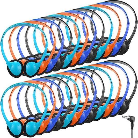 Konohan 12 Pack Headphones Bulk for School Student Classroom Set of Headphones Wire Headset Adjustable with 3.5 mm Jack for Adult (Light Blue,Orange,Blue,Black)