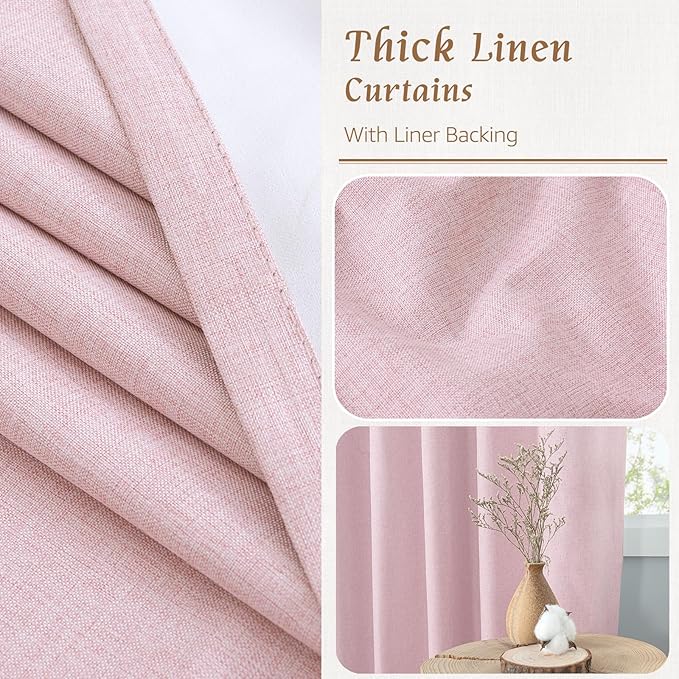 LAMIT Pink 100% Blackout Linen Curtains, 63 Inches Linen Textured Thermal Bedroom Curtains Back Tab and Rod Pocket Neutral Panels with White Liner for Farmhouse, 2 Panels, 38 x 63 Inch