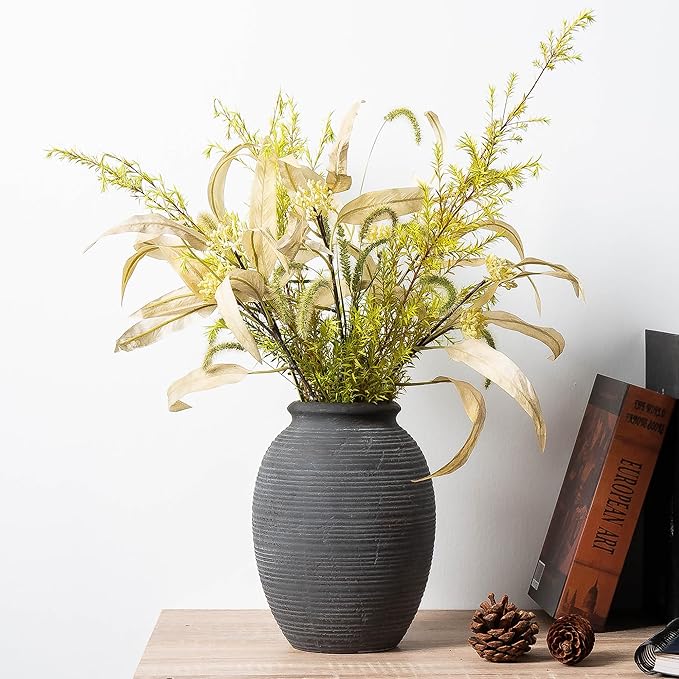 8 Inch Ceramic Black Vase -Rustic Flower Decorative Vases for Home Decor- Vintage Pottery VaseTerracotta Vase for Christmas, Farmhouse House Shelf Decor Farmhouse Table, Lyeec
