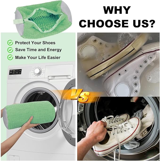 Shoe Washing Machine Bag - Laundry Shoe Bag (2-Pack) Includes 3 Laundry Bags, Reusable, Washer & Dryer Safe, 360° Deep Cleaning for All Shoe Types, Self-Locking Zipper(Green)