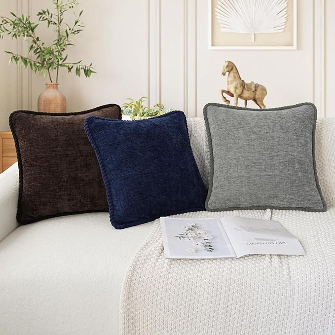 CaliTime Decorative Couch Throw Pillow Covers 20 X 20 Inches Pack of 2 Cozy Chenille Piping Edge Cushion Cases for Sofa Bed Living Room Home Medium Grey