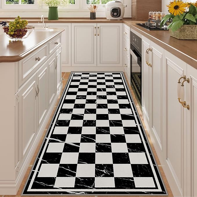 Grey Black Checkered Kitchen Hallway Carpet, 2x8ft, Abstract Black Marble Indoor Decor Washable Rugs, Durable Soft Cozy Non Slip Rug, Breathable Non Shedding Mats for Front Porch