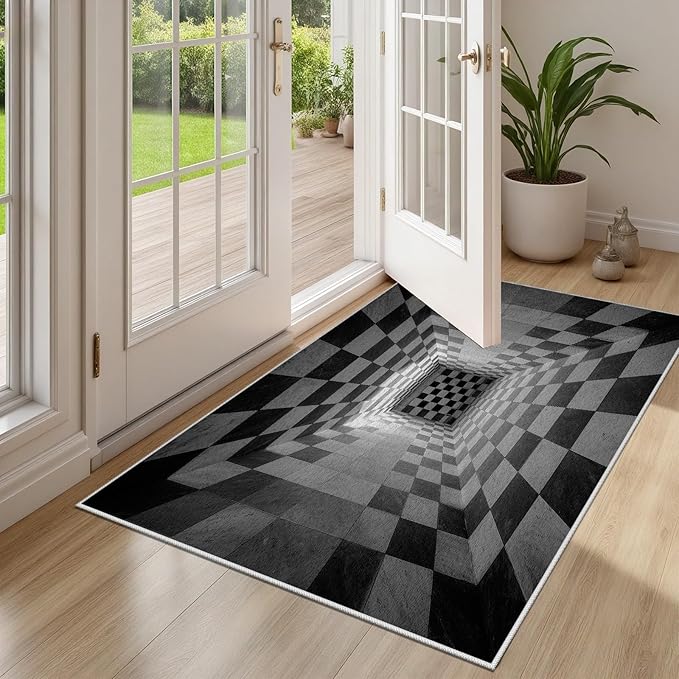 3D Rug 6x9, Plaid Soft Ultra Soft Faux Wool Low Pile Optical Illusion Rug, Indoor Floor Mats Abstract Geometric Carpet, Non-Slip Stain Resistant Washable Rugs, Modern Gray Rugs for Living Room