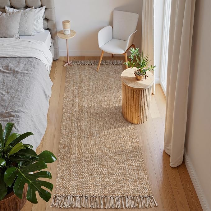 Collive Hallway Runner Rug, 2' x 6' Hand Woven Reversible Washable Entryway Rugs, Tan Cotton Modern Laundry Room Carpet Long Farmhouse Carpets for Bathroom Sink Foyer Bedroom