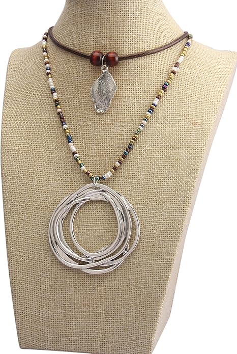 Leather Necklace for Women Boho Choker Necklace Long Cord Leather Pendant Bohemian Neckalce Vintage Alloy Pendant Leather Rope Necklace Wooden Necklaces for Women