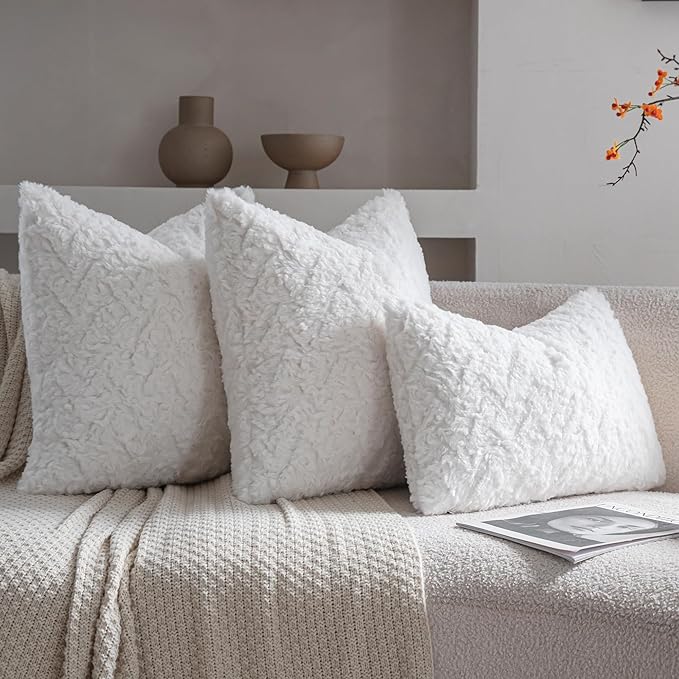Neelvin Set of 2 Faux Fur Throw Pillow Covers 16x16 Inch White Cozy Soft Solid Decorative Pillowcases Thick Plush Sheepskin Cushion Case for Chair and Couch Sofa Bedroom