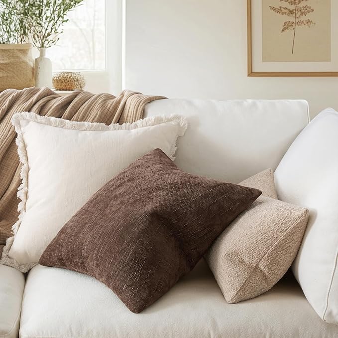 MIULEE Pack of 2 Decorative Throw Pillow Covers Soft Chenille Euro Throw Pillows Solid Textured Cushion Covers for Couch Sofa Bedroom Living Room 24x24 Inch, Chocolate