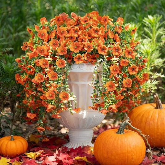 2PCS Artificial Hanging Fall Flowers for Outdoors Decorations, Orange Realistic Faux Silk Daisy with Eucalyptus, UV Resistant Fake Mums for Autumn Home Decor Patio Porch Window Box Front Door