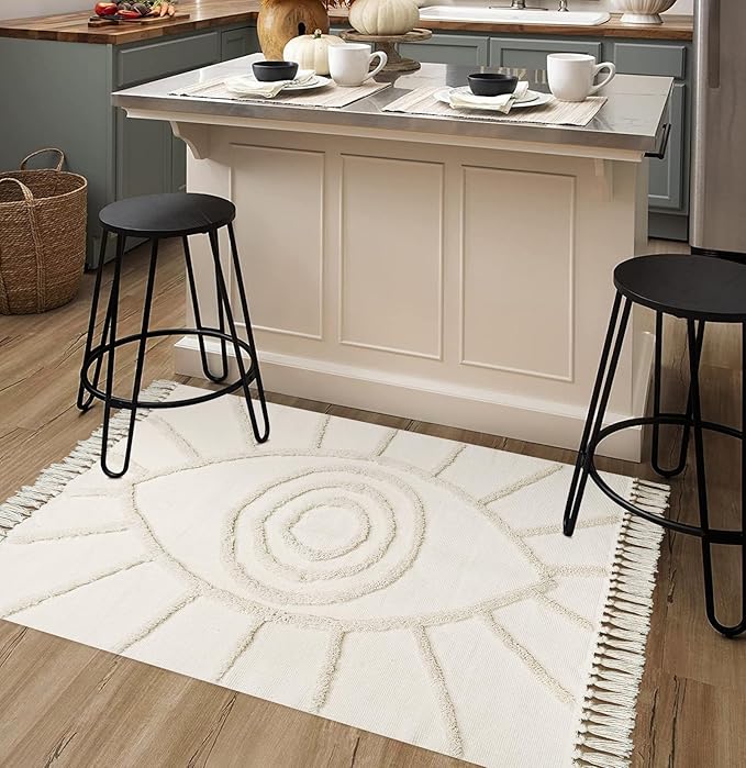 Uphome Boho Area Rug 3'x5' Washable Evil Eye Tufted Bedroom Rug with Tassels Soft Cotton Woven Entryway Rug Modern Minimalist Beige Floor Mats for Home Living Room Kitchen Hallway