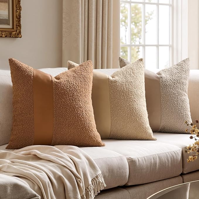 MIULEE Boucle Throw Pillow Covers 18x18 Inch Set of 2 Oatmeal Faux Leather Textured Decorative Pillow Cases Boho Farmhouse Accents Cushion Covers for Couch Bed Livingroom Home Decor