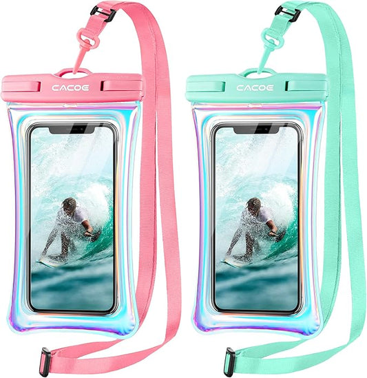 CACOE Universal Waterproof Phone case 2 Pcs-Up to 7.0",Phone Pouch with Adjustable Neck Lanyard,IPX8 Cellphone Dry Bags for Beach Pool Swimming (Iridescence, Up to 7.0"-Floatable)
