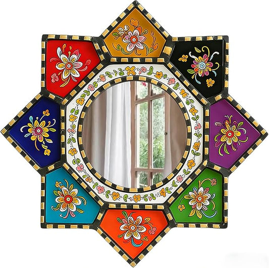 Octagon Sunburst Wall Mirror - Colorful Geometric Boho Circle Mirror Art, Small Decorative Vintage Accent for Living Room Decor, Wood & Acrylic（2D Printed）