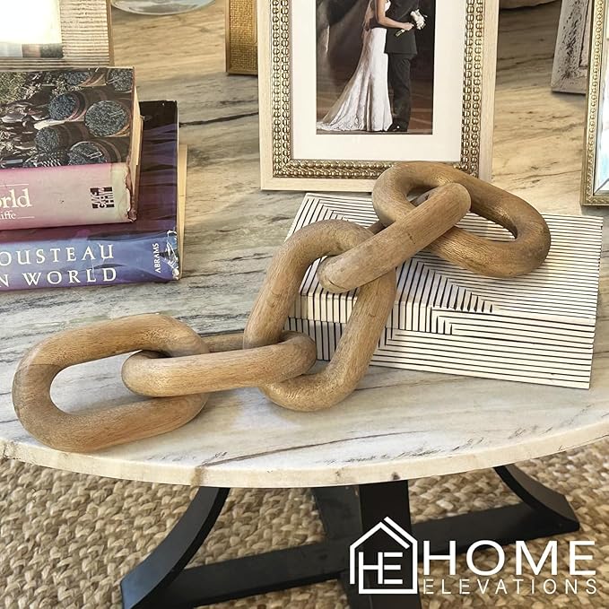 Natural Wood Chain Link Decor – 21" Light-Medium Decorative Object for Coffee Table, TV Stand & Living Room - Bohemian Shelf & Entryway Table Accent – Gift Idea for Housewarming or Home Décor
