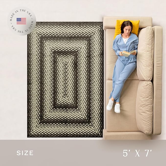 Maples Rugs Marion Bohemian Braided Design Print Area Rug – Made in USA – Washable, Non Slip Indoor Carpet for Entryway, Foyer, Kitchen, and Bathroom, 46" x 30", Black