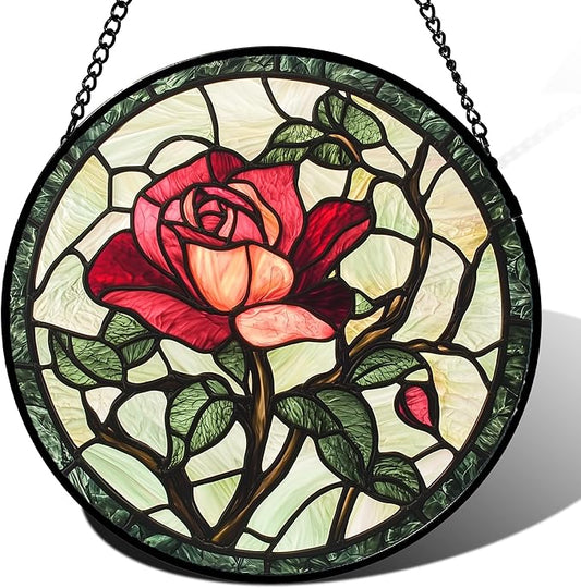 Stained Glass Window Hanging, Red Rose Flowers Sun Catcher for Door Garden Home Decor Suncatcher Christmas Mother's Day Birthday Gifts for Women Lovers Men Wife Girlfriend Mom Nana 7.8 in