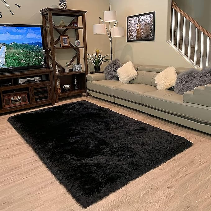 LAMBZY High Pile Super Fluffy Soft Faux Sheepskin Rug | Faux Sheepskin Rugs for Living Room Playroom Bedroom | Classic Super Soft to Touch Rug (12'x15, Black)