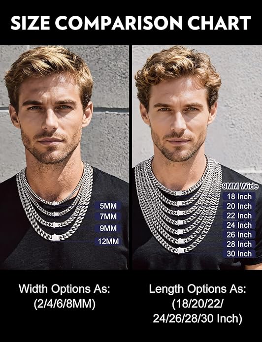 Bandmax Mens Stainless Steel Chain Necklaces 5/7/9/12MM Chunky Miami Cuban Link Chain Necklace Bracelet Silver/Gold Plated/Black Chains for Men 18"-30"