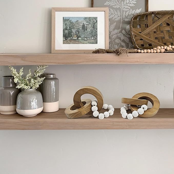 Oakrain 2pcs Wood Chain Link Decor, Minimalist Home Décor Accents, Natural Boho Farmhouse Rustic Handmade Wood Knot Decor for Shelf Coffee Table, Best Housewarming Gifts