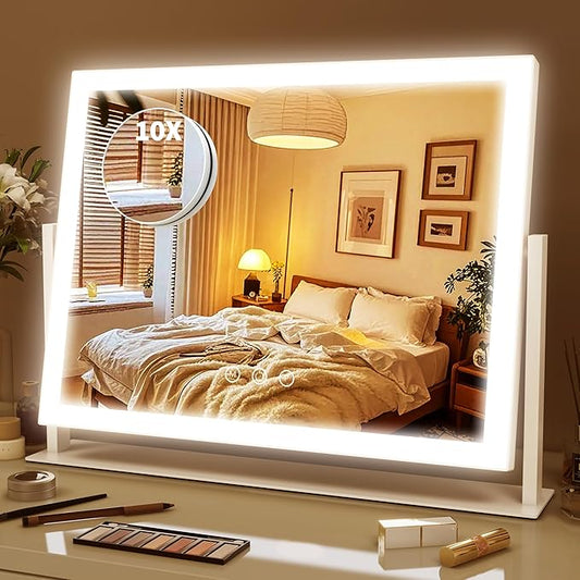 ROLOVE Lighted Makeup Mirror 16.3"x12.6", Hollywood Vanity Mirror with 10X Magnifier, 3 Color LED Lighting Modes, Smart Touch Control & 360° Rotation, Tabletop Makeup Mirror (White, Gift Ready)