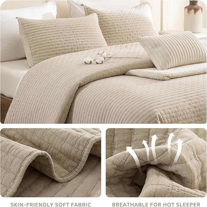 Sanracie Stonewashed Oversized King Quilt(120"x120"), Cotton Dark Wheat Color Cross Stitch Pattern California King Quilt Set 3Pcs Ultra Soft Lightweight Crinkle Bed Coverlet Set for All Season